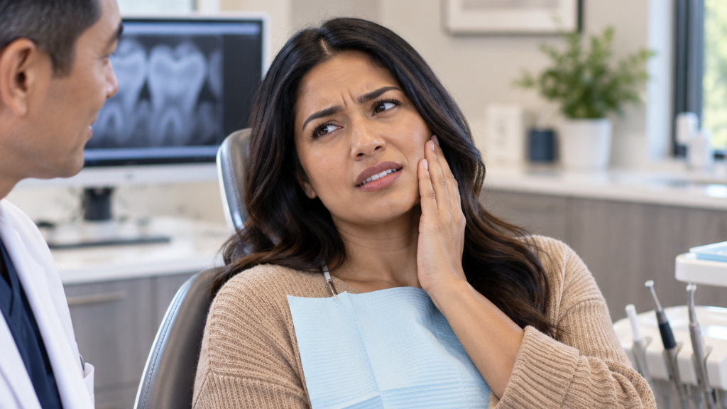 Woman holding her jaw in pain during an emergency dental visit