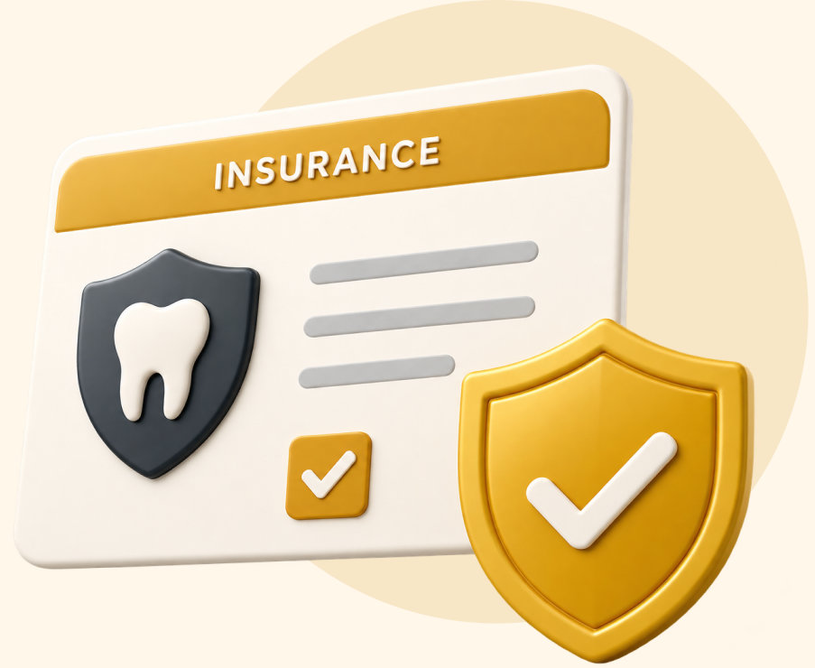 Dental insurance card illustration with tooth and checkmark shields representing accepted PPO plans