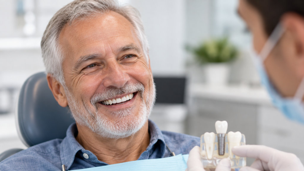 Smiling older man holding a dental implant model at a dentist in Ocoee, FL